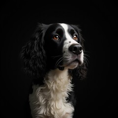 Studio portrait of an English Springer Spaniel dog in profile against a black background. Beautiful purebred dog with expressive eyes and shiny fur. Generative AI.