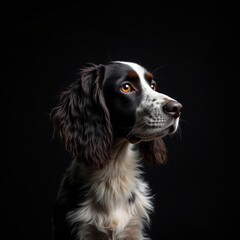 Studio portrait of an English Springer Spaniel dog in profile against a black background. Beautiful purebred dog with expressive eyes and shiny fur. Generative AI.