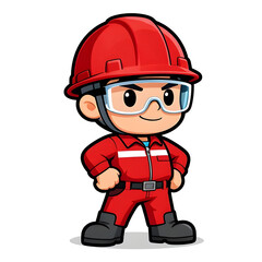 Fototapeta premium Cartoon CHIBI style construction worker. Active working posture. Ideal icon for logo, badge, branding, company mascot.