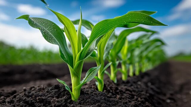Green corn plants with dew-covered leaves grow in neat rows on dark soil under a bright blue sky, showcasing the vibrant growth of crops in a rural agricultural field