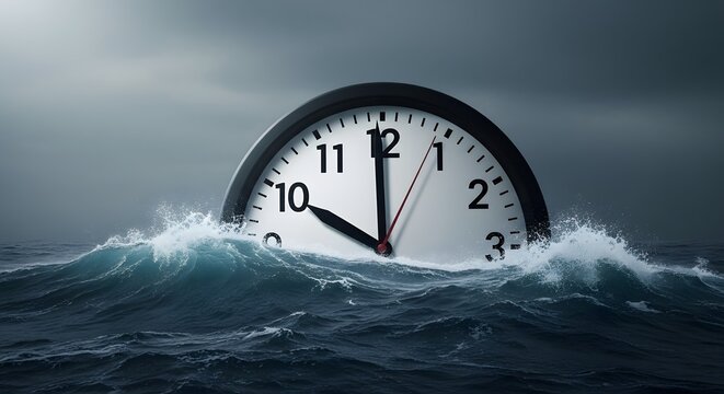 Ticking away world water day clock sinking in ocean waves symbolizing time running out for clean water