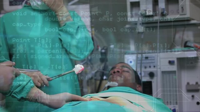 Animation of data processing over caucasian surgeons during surgery