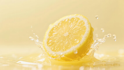 Close up of a ripe yellow lemon slice falling into liquid creating a dynamic water splash and droplets on a soft yellow background or citrus juice