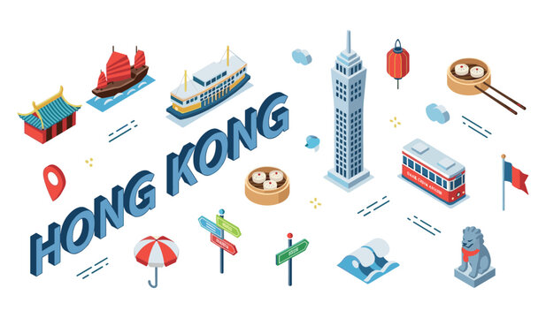 Hong kong landmarks and culture: icons, transport, and cuisine in isometric design