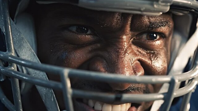 Intense Close-Up of Football Player's Eye Behind Helmet with Sweat and Dirt, Highlighting Focus and Determination