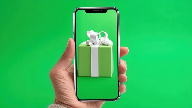 Gift box displayed on a smartphone held by a hand in front of a green background