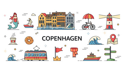 Obraz premium Copenhagen landmarks and icons: bicycle, mermaid, tram, lighthouse, waves