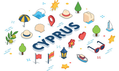 Fototapeta premium Colorful isometric symbols of cyprus including landmarks, nature, and culture