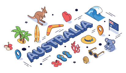 Fototapeta premium Australia icon set: kangaroo, surfboard, koala, flag, coral, sandals, map pin, shell, palm