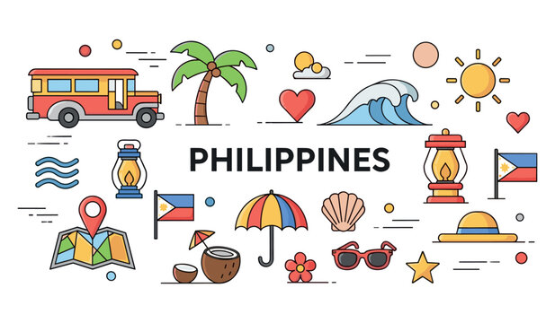 Illustrated symbols of the philippines: jeepney, palm tree, flag, wave