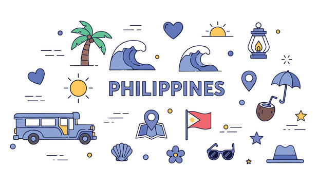 Philippines travel icons: jeepney, waves, palm trees, coconut, map, flag, sunglasses