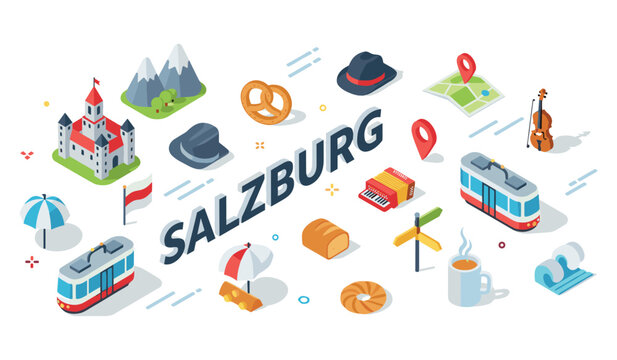 Salzburg isometric illustration: trams, landmarks, and traditional icons
