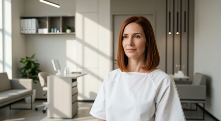 Obraz premium Mature adult woman patiently awaits her gynecological examination in a modern healthcare office.
