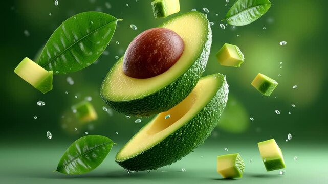 Avocado halves with a seed and diced pieces float amidst green leaves and droplets, showcasing a vibrant arrangement against a soft green background