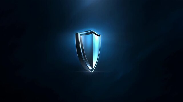 Shiny metal emblem metallic logo blue glow reflective shield security protection defense icon dark blue background with chrome finish and studio