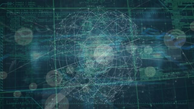 Animation of connections, globe, ata and icons over navy digital space