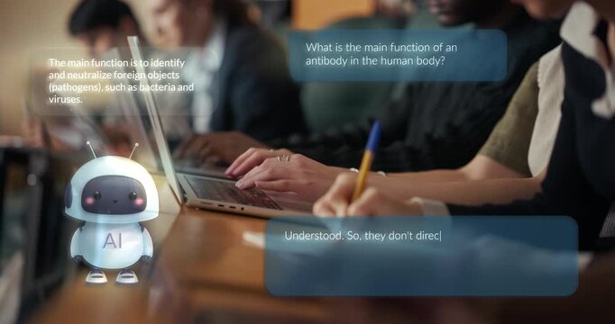 College Students Type on Laptops and Take Notes During a Classroom Lecture AI Chatbot Showing Holographic  Question and Answers about Science. Illustrating Edtech, Tutoring, Interactive Learning