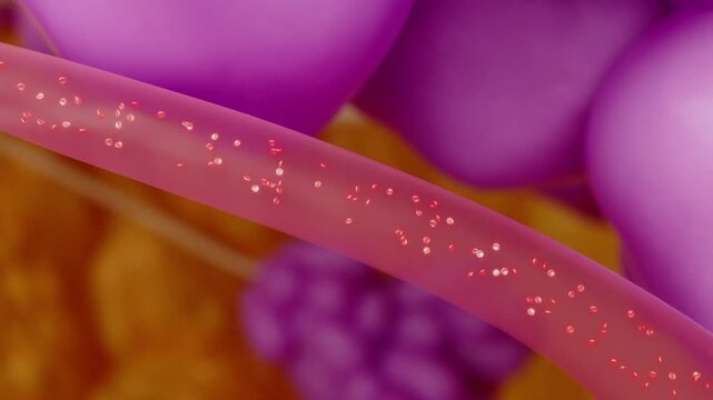 Blood flow in the breast, breast hyperplasia leading to blood vessel blockage, thrombosis, resulting in mastitis, malignant breast tumors, women's diseases, close-up, anatomical concept, 3D animation.