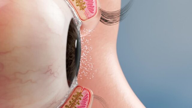 Dehydration of the tear film leads to moisture evaporation and loss, while blockage of the meibomian glands causes eye fatigue, dryness, blurred vision. Semi-anatomical structure of eye, 3D animation.