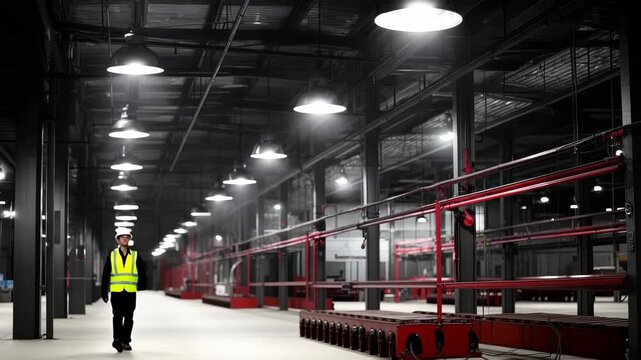 Industrial space with overhead lighting showcasing modern design and functionality in a large warehouse environment
