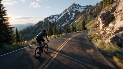 Fototapeta premium Rear Perspective of Cyclist Sprinting on Mountain Road at Sunset