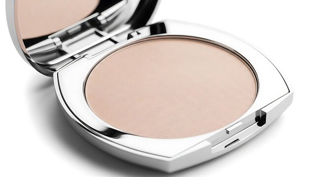 Pressed powder compact open on white background minimalist beauty makeup product