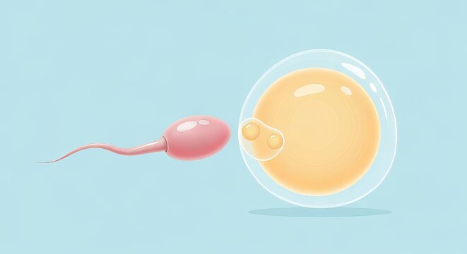 Detailed Biological Illustration of Sperm Cell Approaching Egg Cell on a Light Blue Background