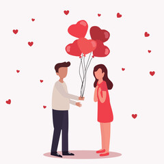 Man Gives Bunch of Balloons in Shape of Heart to Attractive Young Woman. Beautiful Smiling Couple Romantic Proposal. Happy diversity couple on 14 February, Valentines day. Vector illustration
