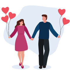 Man Gives Bunch of Balloons in Shape of Heart to Attractive Young Woman. Beautiful Smiling Couple Romantic Proposal. Happy diversity couple on 14 February, Valentines day. Vector illustration