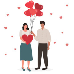 Man Gives Bunch of Balloons in Shape of Heart to Attractive Young Woman. Beautiful Smiling Couple Romantic Proposal. Happy diversity couple on 14 February, Valentines day. Vector illustration