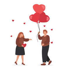 Man Gives Bunch of Balloons in Shape of Heart to Attractive Young Woman. Beautiful Smiling Couple Romantic Proposal. Happy diversity couple on 14 February, Valentines day. Vector illustration