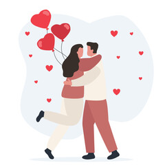 Man Gives Bunch of Balloons in Shape of Heart to Attractive Young Woman. Beautiful Smiling Couple Romantic Proposal. Happy diversity couple on 14 February, Valentines day. Vector illustration