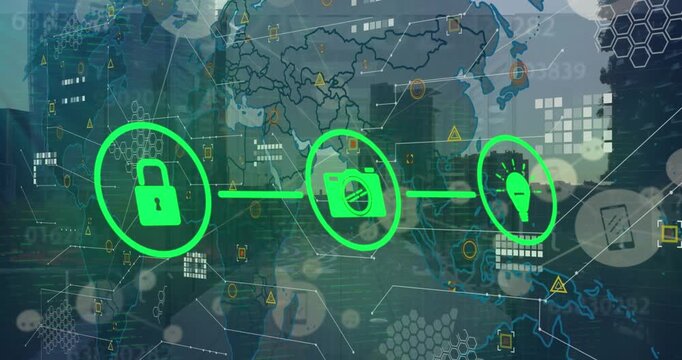 Animation of network of connections with icons and data processing over server room