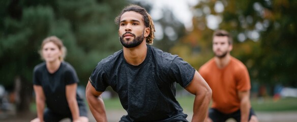 Obraz premium The energetic group enthusiastically performing strength exercises outdoors in the bright sunlight.