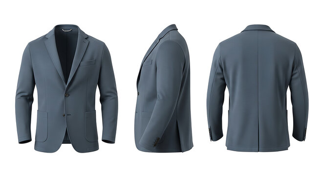 Stylish mens dark blue blazer displayed from multiple angles.