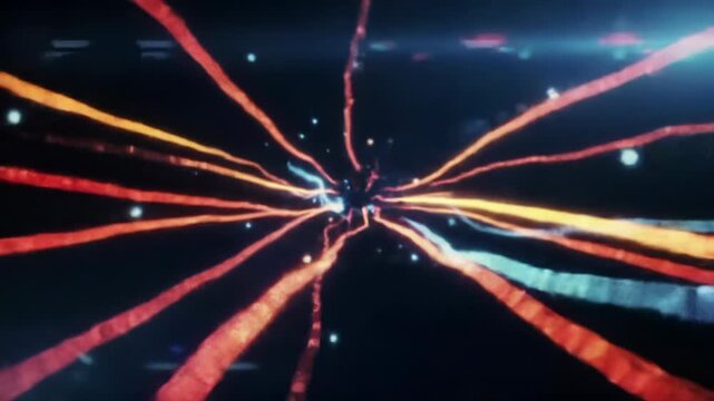 ultra-high-speed first-person pov video through an abstract digital light tunnel with warping electric red, orange, yellow, blue streaks, anamorphic flares, deep focus, and volumetric lighting,