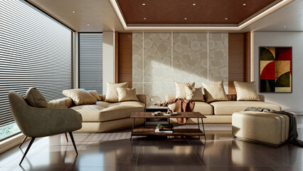 Obraz premium Large luxury modern bright interiors Living room mockup illustration 3D rendering