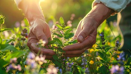 Hands reaching to tend to green plants among wildflowers in a sunny garden during late afternoon