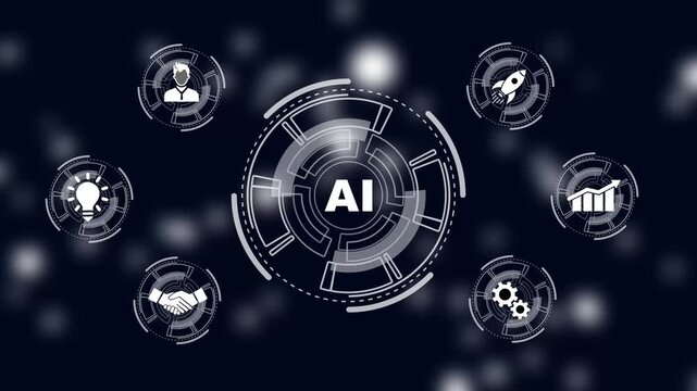 Artificial intelligence (AI), machine learning and modern computer technologies concepts. Business, and network concept. a futuristic holographic advanced HUD circle platform Business, Technology.