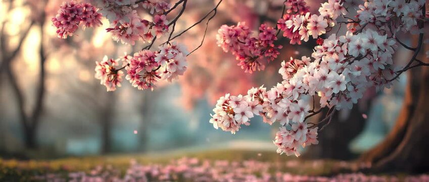 Cherry blossom spring path, beauty, and the gentle calm of nature in full bloom.