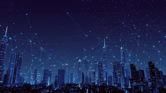 Modern cityscape at night with glowing network connections