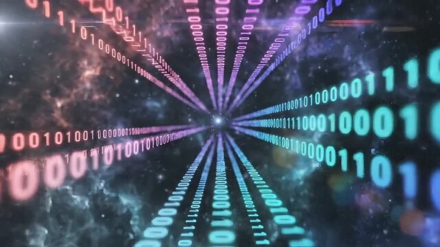 Digital stream of binary code flowing through a colorful cosmic nebula, representing data and information.