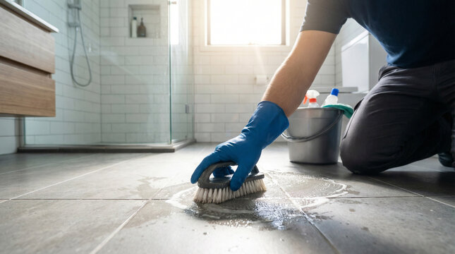 cleaning scene in contemporary bathroom shows gloved hand scrubbing tile grout with stiff brush. Soap, spray bottle, cleaning bucket are visible in background, household maintenance and hygiene.