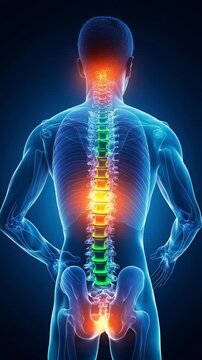 3D human body with highlighted spine anatomy showing posture and back health concept