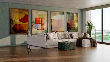 Naklejka premium Large luxury modern bright interiors Living room mockup illustration 3D rendering