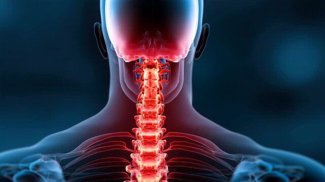 Detailed view of human spine anatomy highlighting cervical vertebrae and nervous system