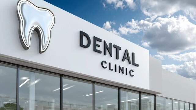 Dental clinic exterior with prominent tooth logo and clear signage, showcasing modern architecture and inviting atmosphere under a bright sky with scattered clouds