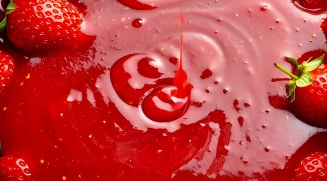 Top view of thick red strawberry jam sauce pouring onto a red background with fresh berries concept of sweet dessert cooking and summer harvest