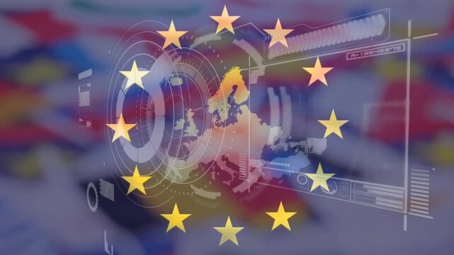 Animation of flag of eu over data processing and national flags