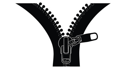 A striking black silhouette depicts a partially opened zipper with a visible pull tab and teeth silhouette © Komla02